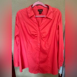 Lane Bryant Coral Ruched-Front,Long Sleeve Button Down Shirt